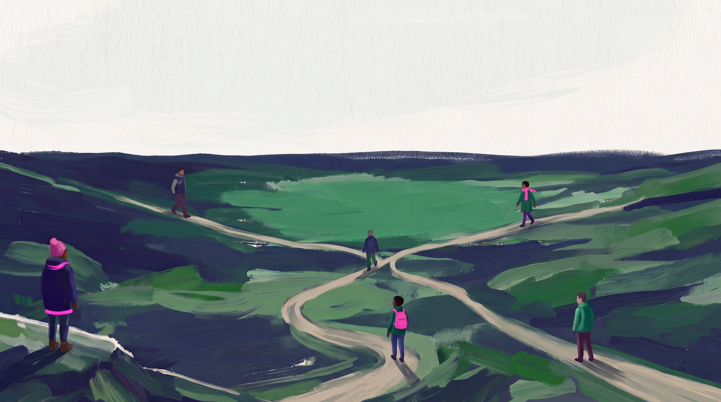 Several figures on their own paths across a green valley.