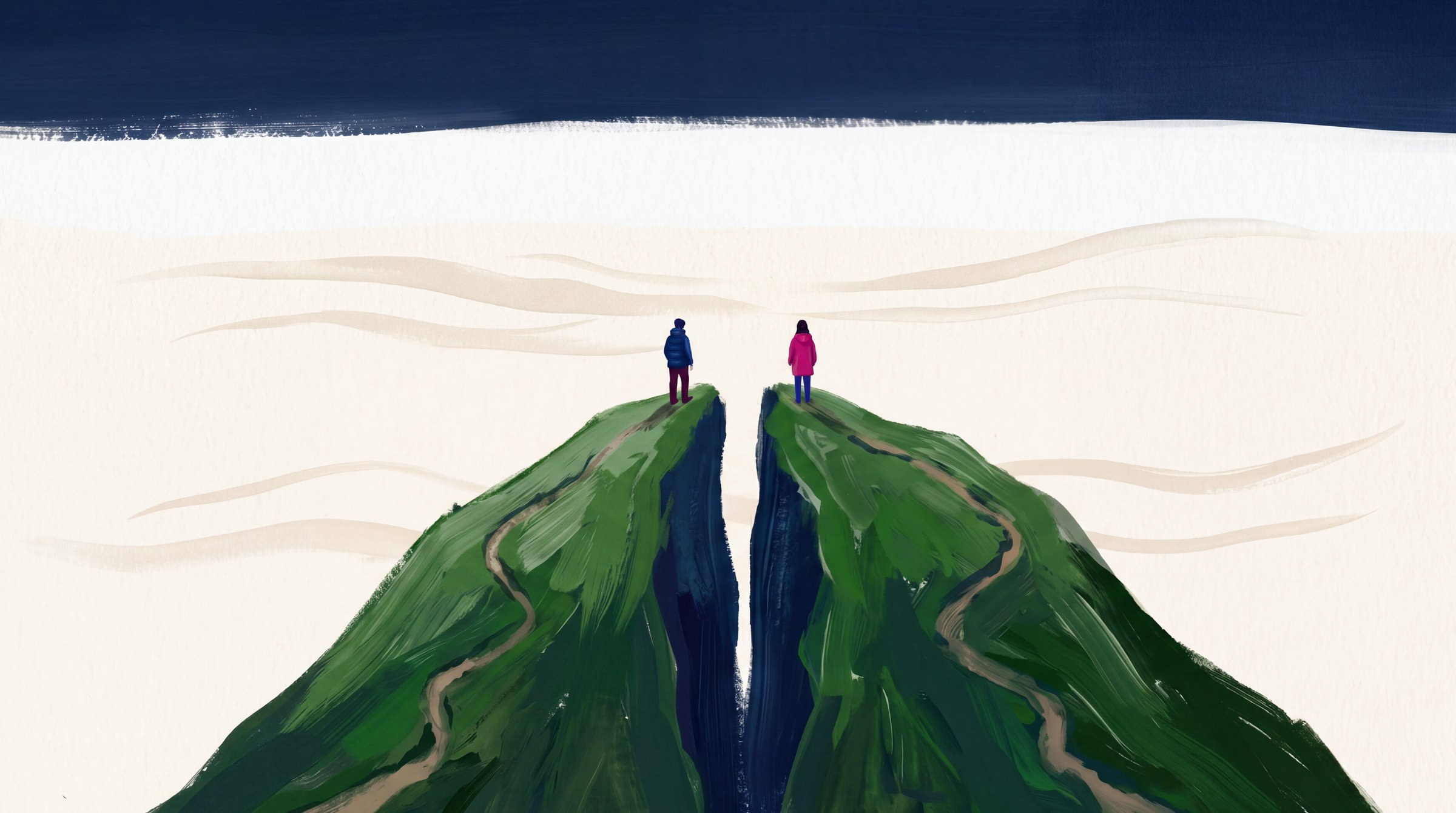 Two figures on separate green peaks divided by a narrow navy channel.