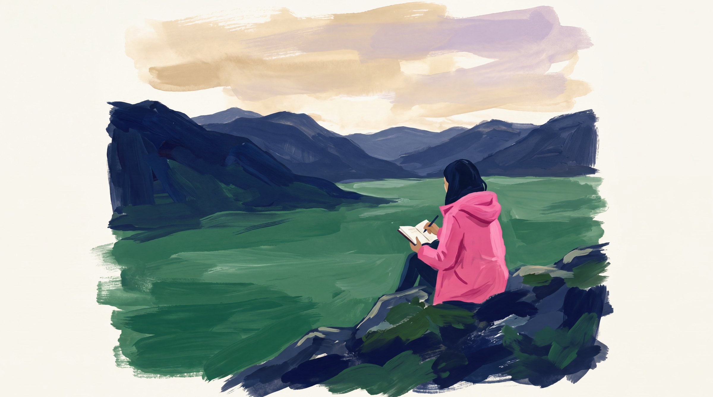 A figure seated at a vantage, writing in a notebook over a green valley.
