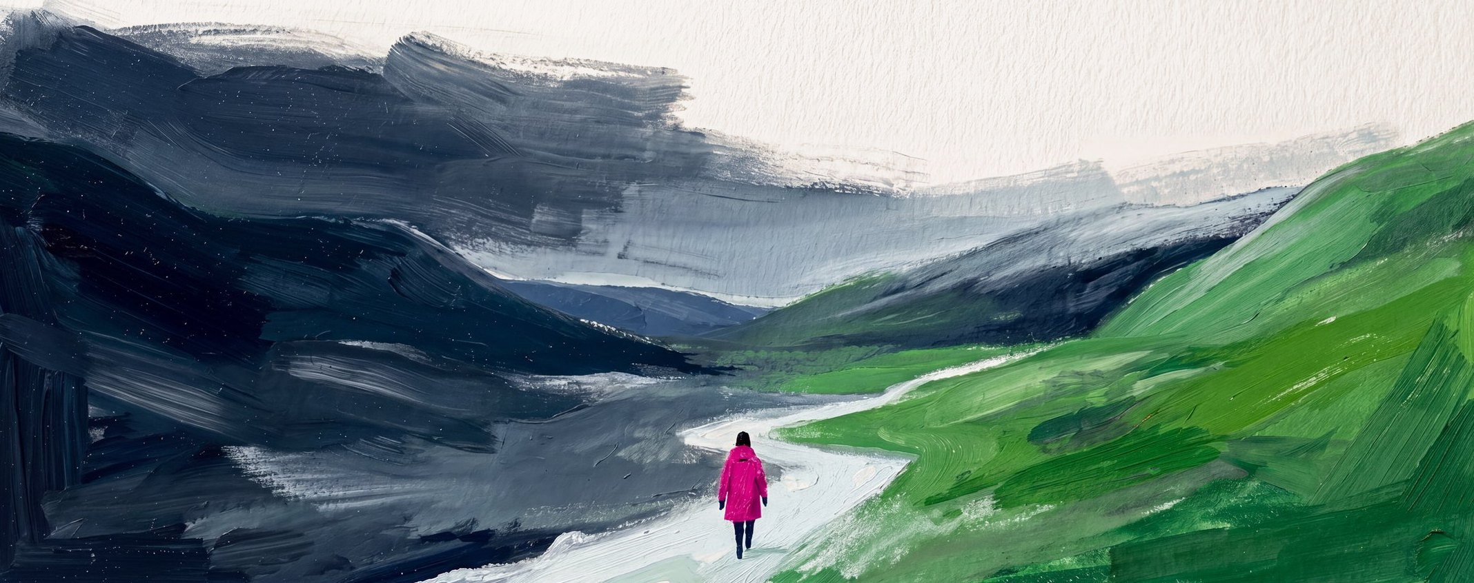 A lone figure walking a path through a valley shifting from wintered navy hills into green.