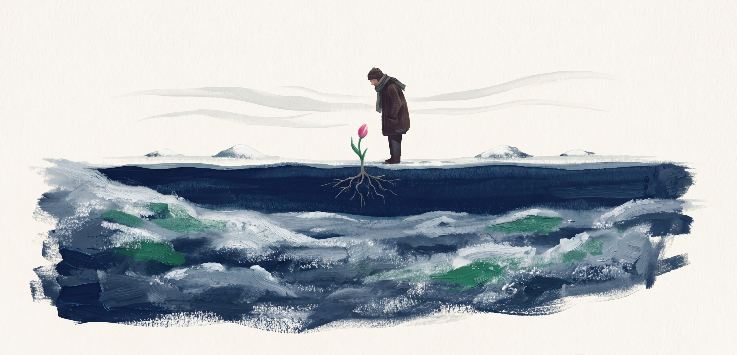 A pink tulip with deep roots reaching beneath frozen navy ground — buried, not broken.