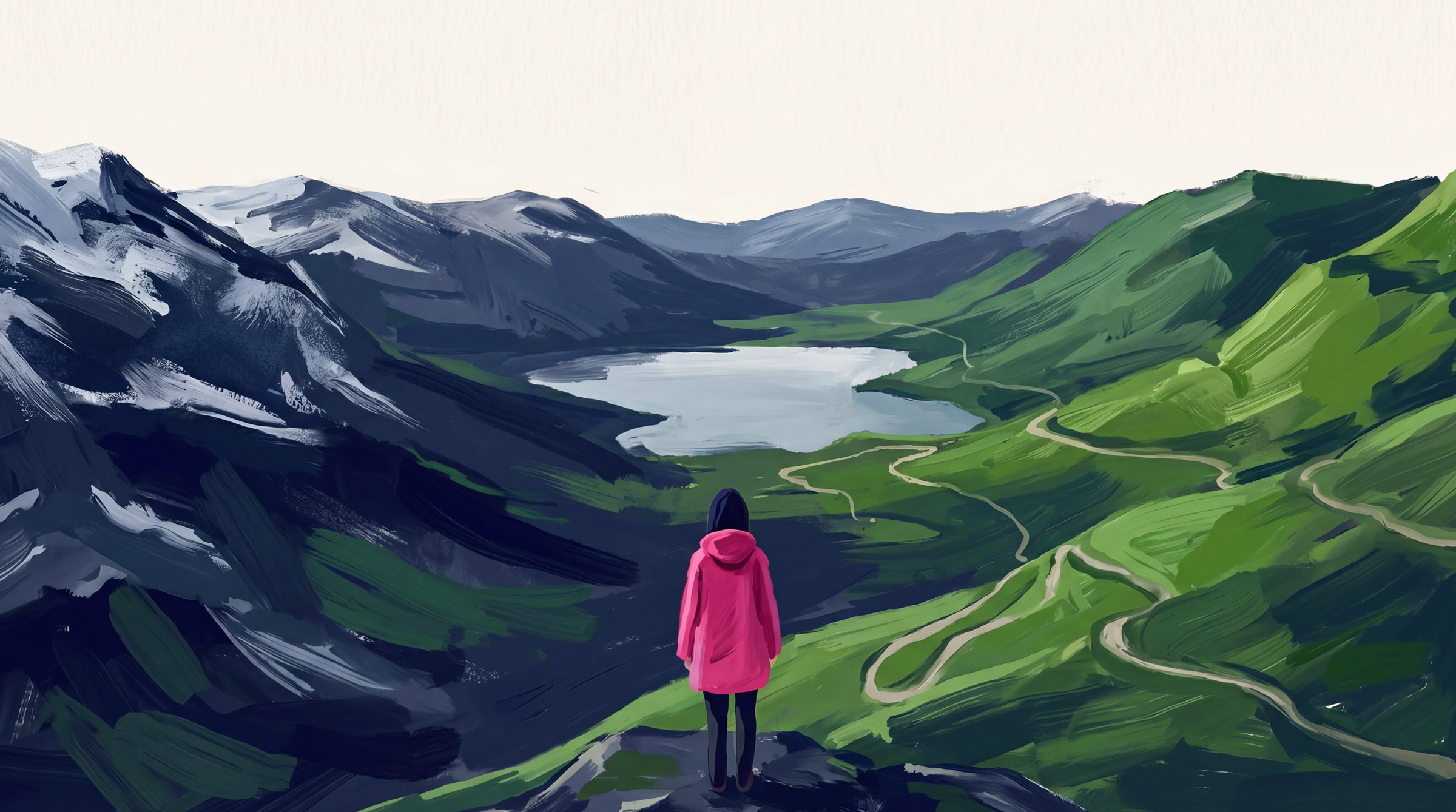 A figure at a high vantage overlooking a panoramic valley: navy peaks one side, green hills and paths the other.