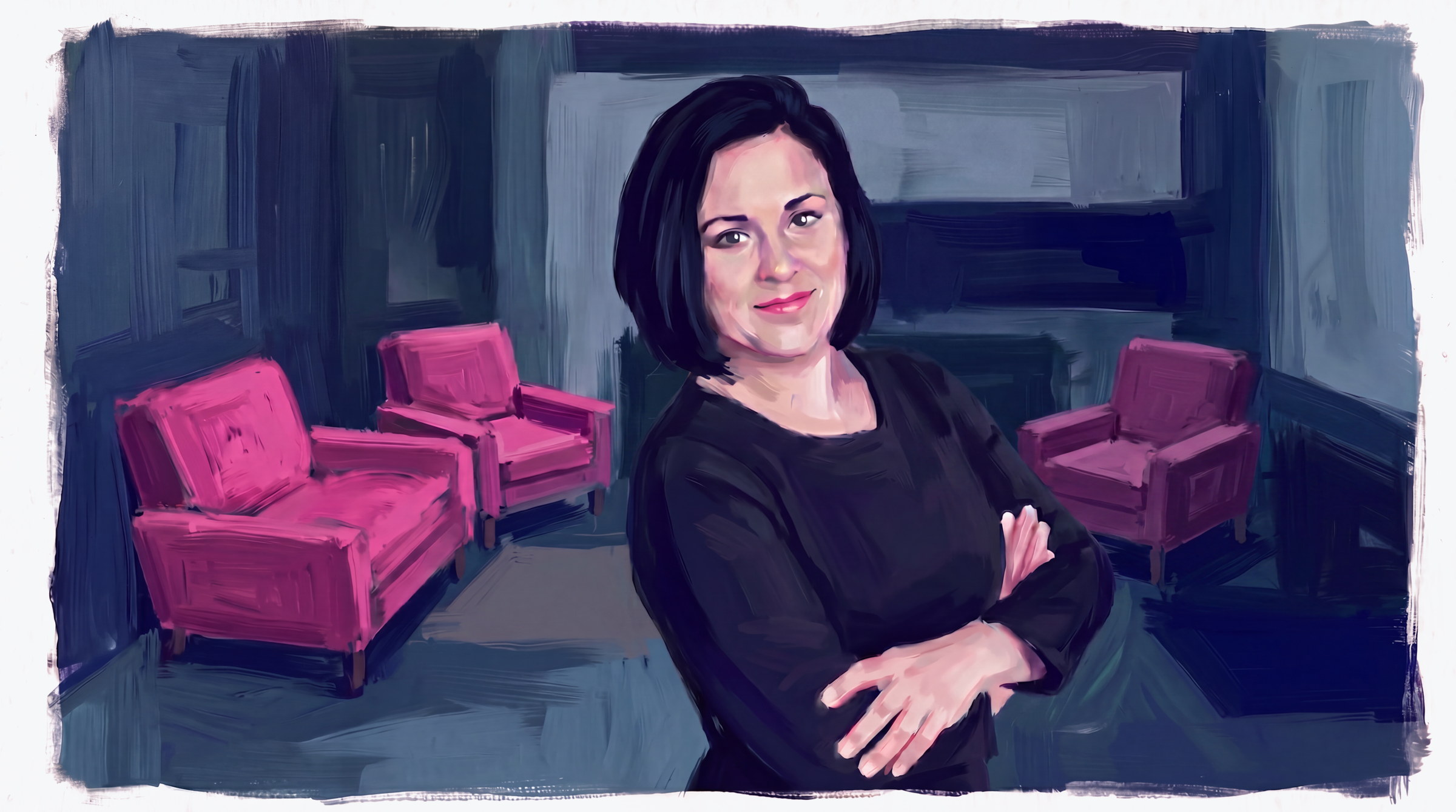 A painterly portrait of Genesa standing among three chairs: the CEO's, the board chair's, and the funder's.